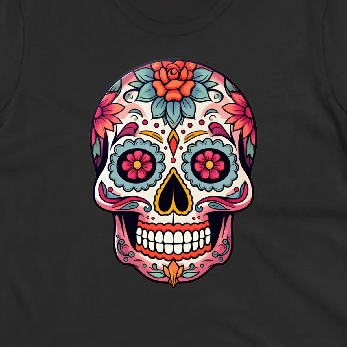 A vibrant floral calavera skull design featuring pink, blue, orange, and yellow flowers and swirls.