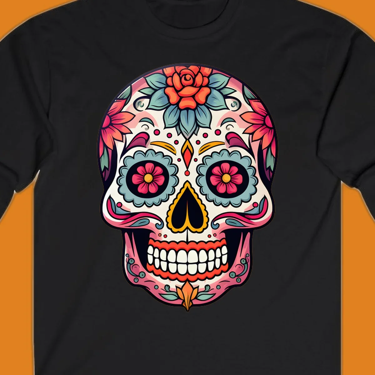 A vibrant floral calavera skull design featuring pink, blue, orange, and yellow flowers and swirls.