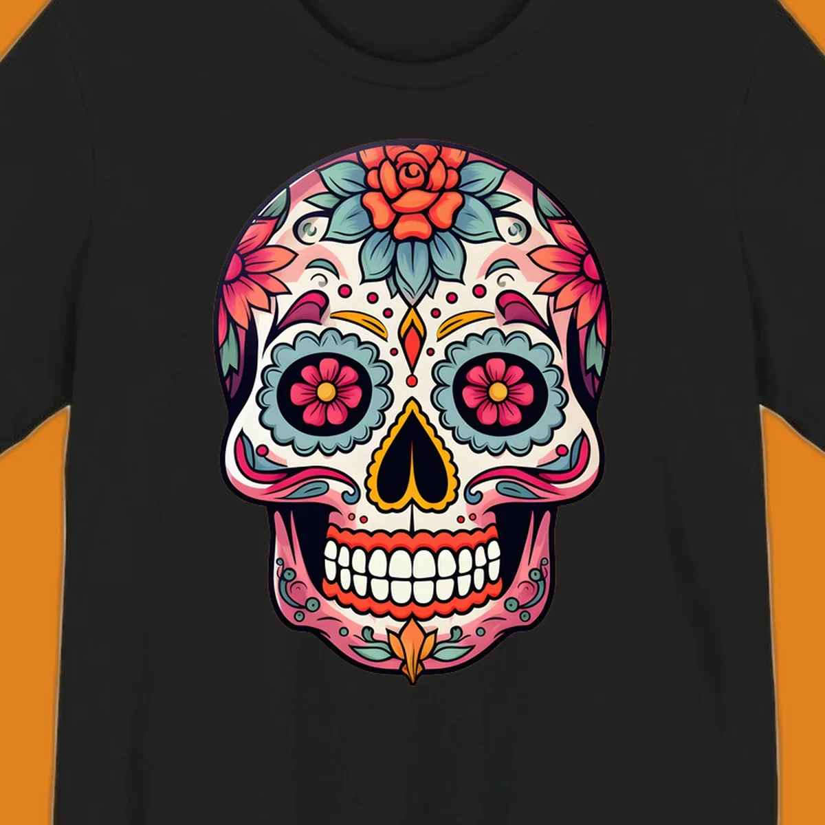 A vibrant floral calavera skull design featuring pink, blue, orange, and yellow flowers and swirls.