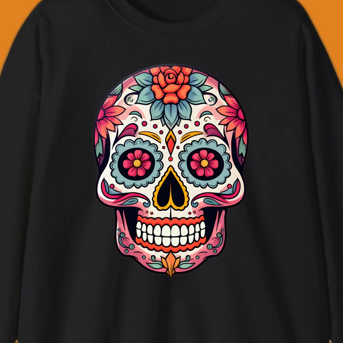 A vibrant floral calavera skull design featuring pink, blue, orange, and yellow flowers and swirls.