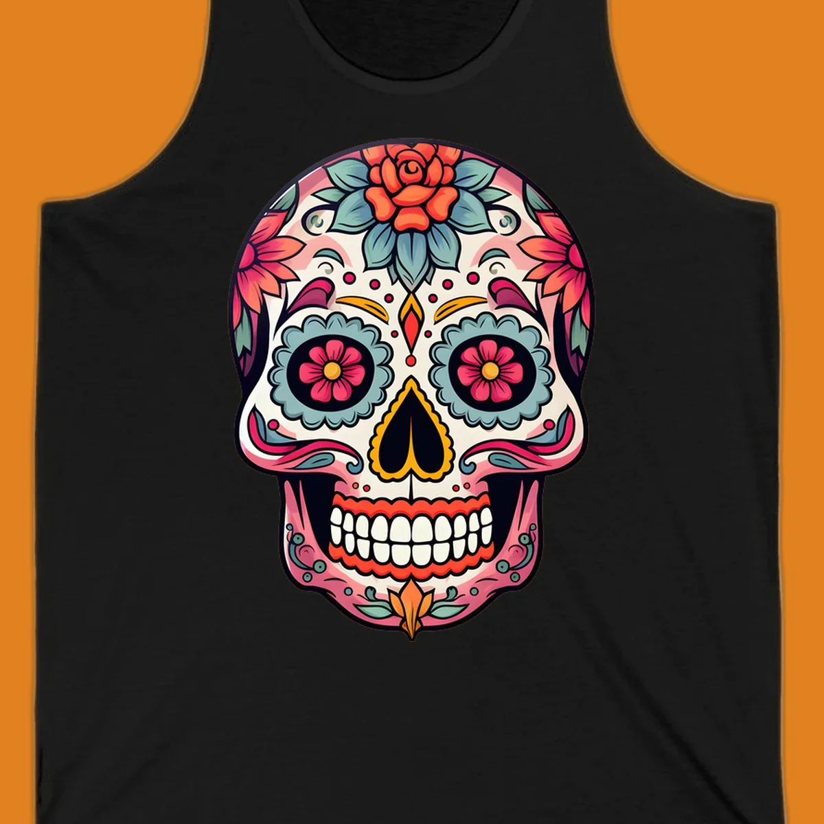 A vibrant floral calavera skull design featuring pink, blue, orange, and yellow flowers and swirls.