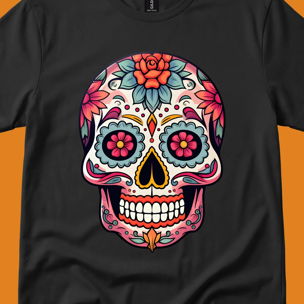 A vibrant floral calavera skull design featuring pink, blue, orange, and yellow flowers and swirls.