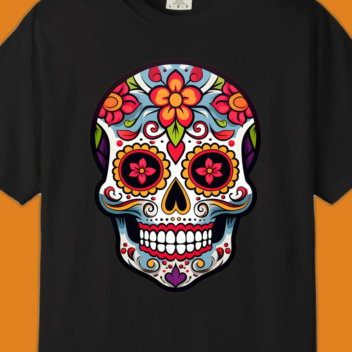 A vibrant floral calavera skull illustration, adorned with red, orange, blue, and yellow flowers and intricate swirls.