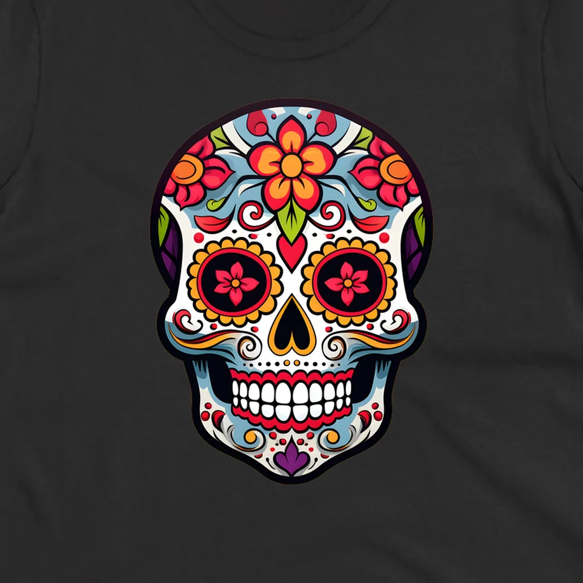 A vibrant floral calavera skull illustration, adorned with red, orange, blue, and yellow flowers and intricate swirls.