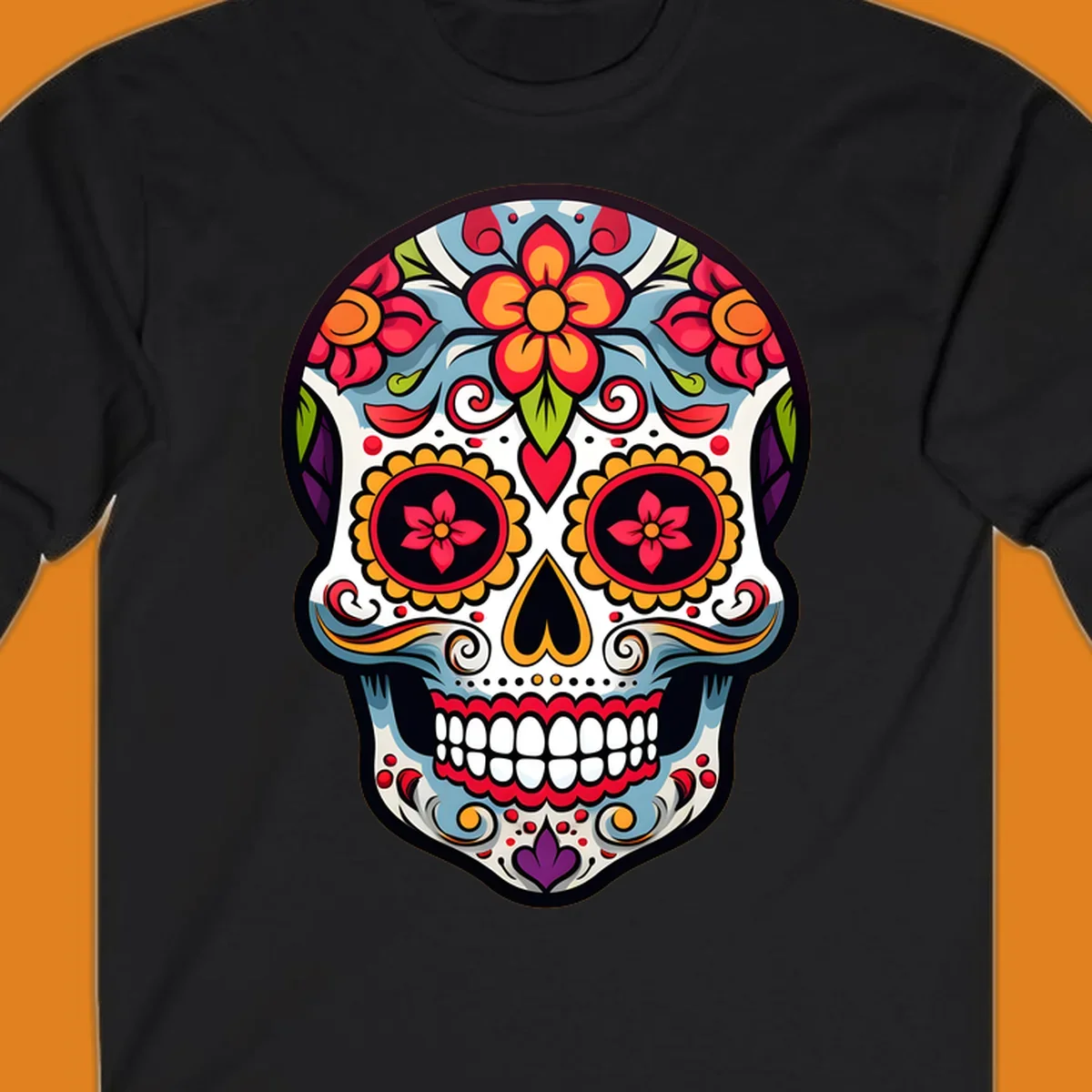 A vibrant floral calavera skull illustration, adorned with red, orange, blue, and yellow flowers and intricate swirls.