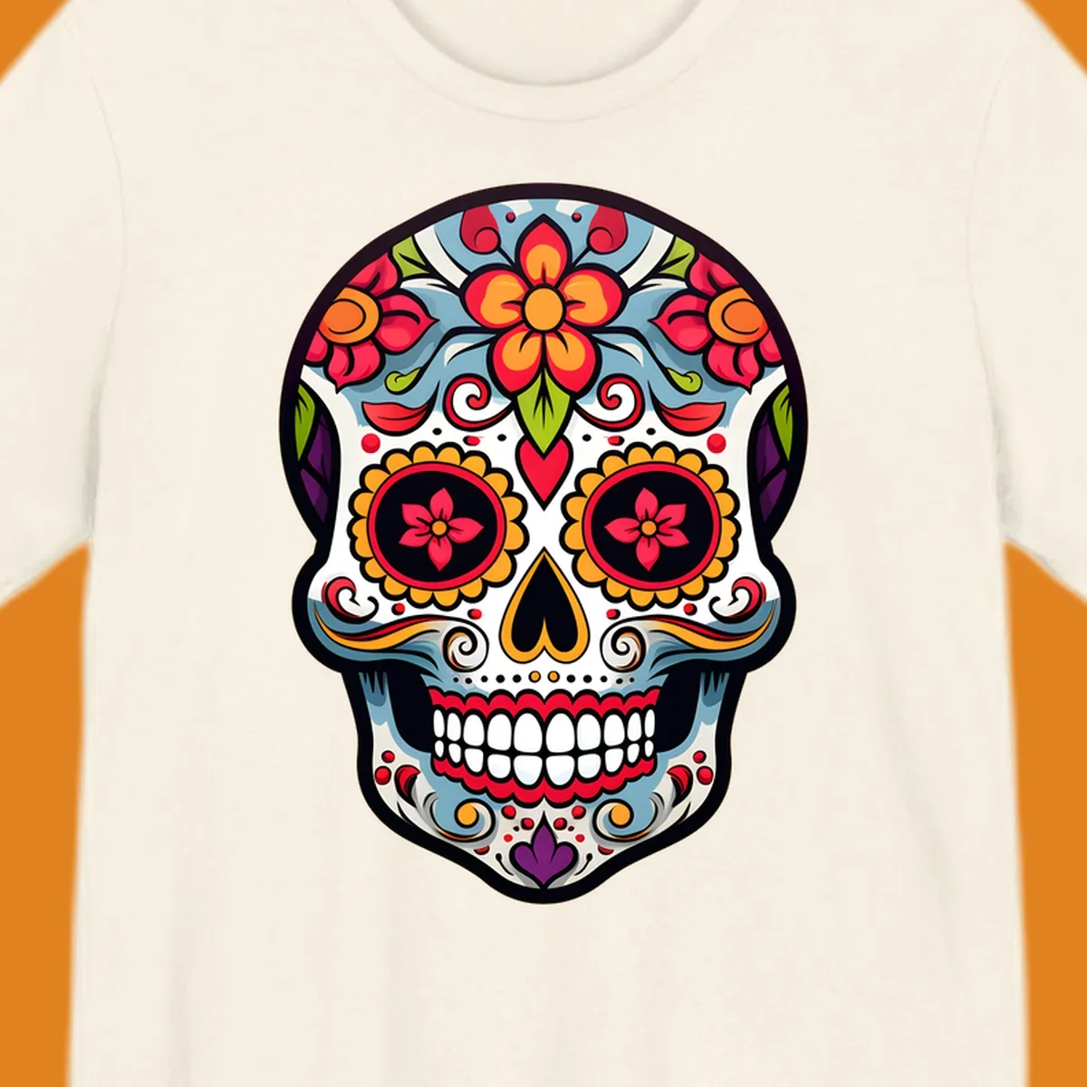 A vibrant floral calavera skull illustration, adorned with red, orange, blue, and yellow flowers and intricate swirls.
