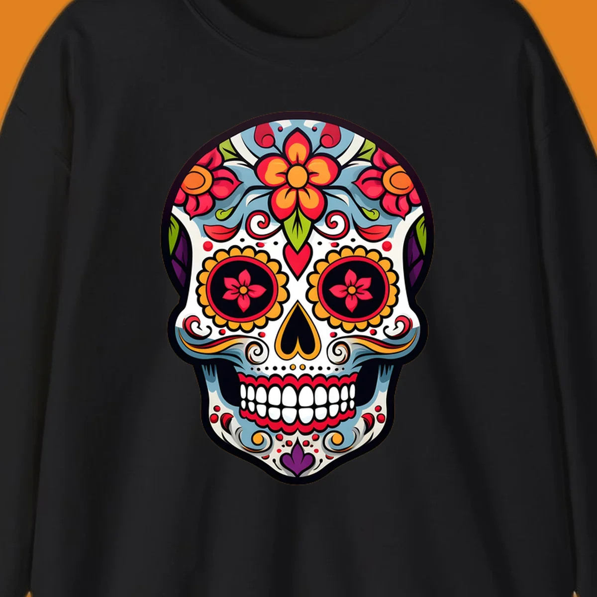 A vibrant floral calavera skull illustration, adorned with red, orange, blue, and yellow flowers and intricate swirls.