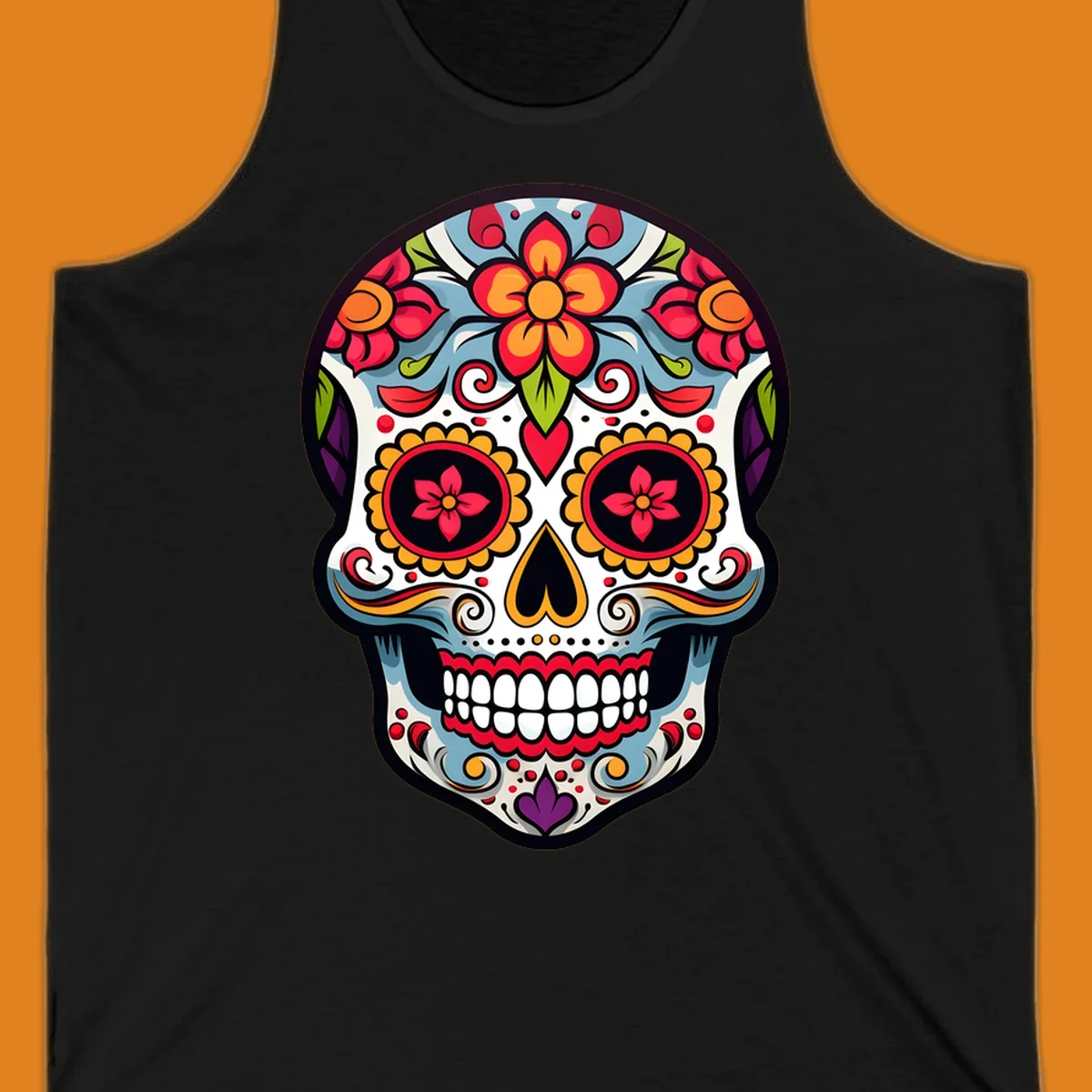 A vibrant floral calavera skull illustration, adorned with red, orange, blue, and yellow flowers and intricate swirls.
