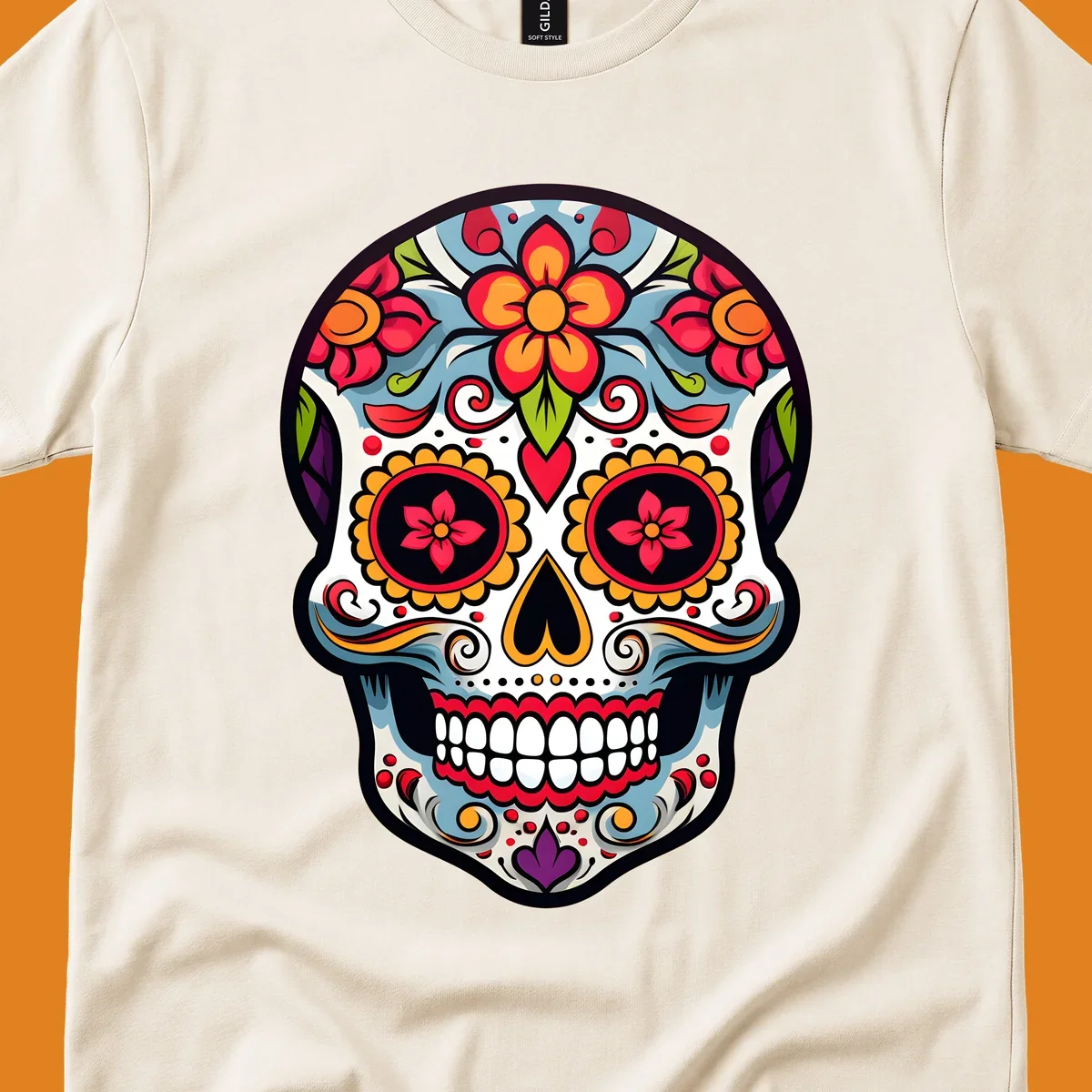 A vibrant floral calavera skull illustration, adorned with red, orange, blue, and yellow flowers and intricate swirls.