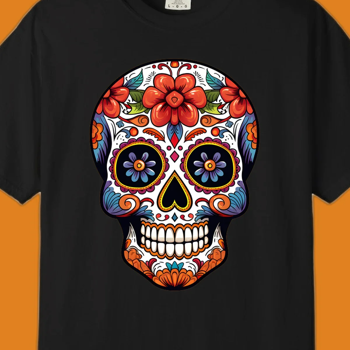 A vibrantly colored calavera sugar skull illustration with red and orange flowers, blue and purple eye sockets, and intricate floral patterns.