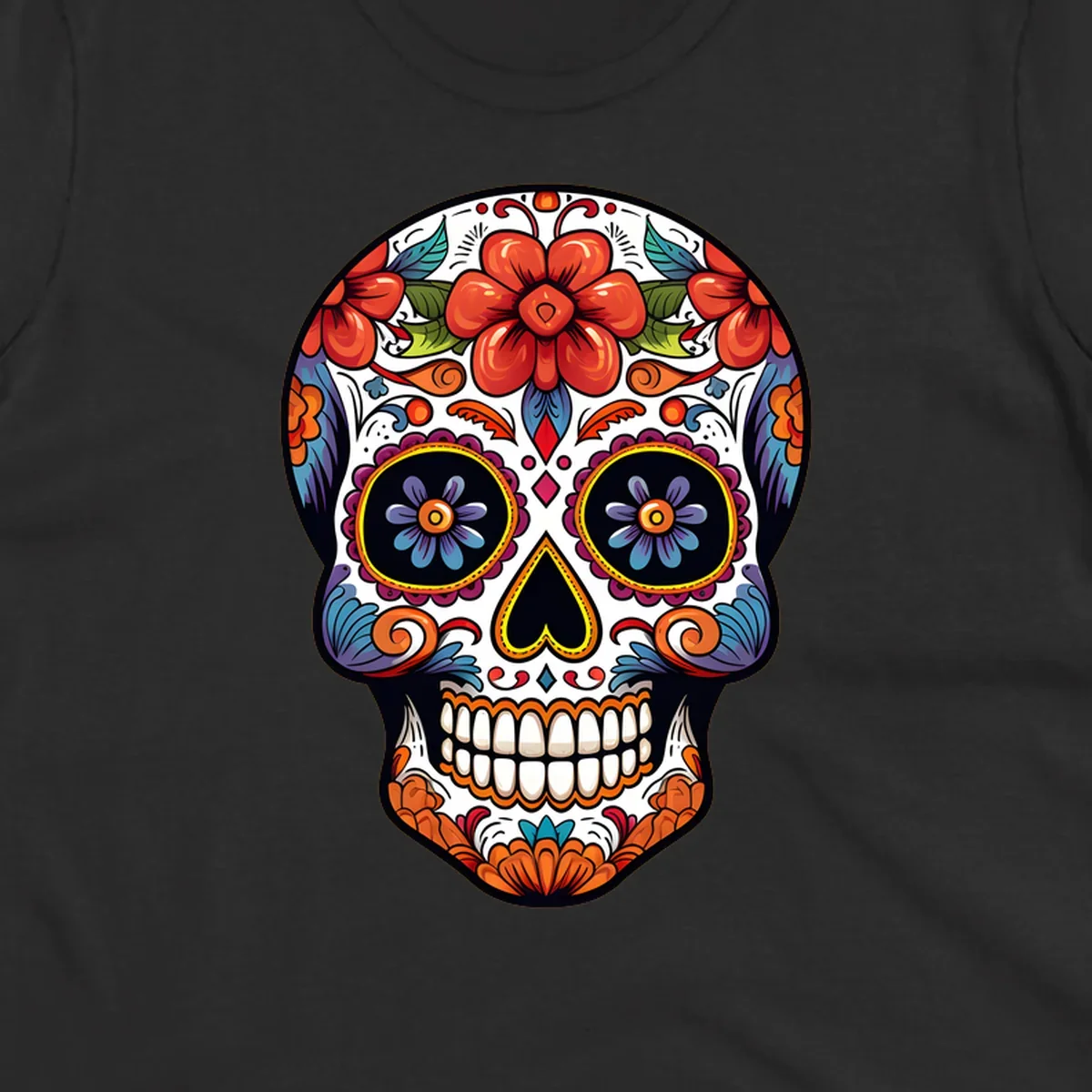 A vibrantly colored calavera sugar skull illustration with red and orange flowers, blue and purple eye sockets, and intricate floral patterns.