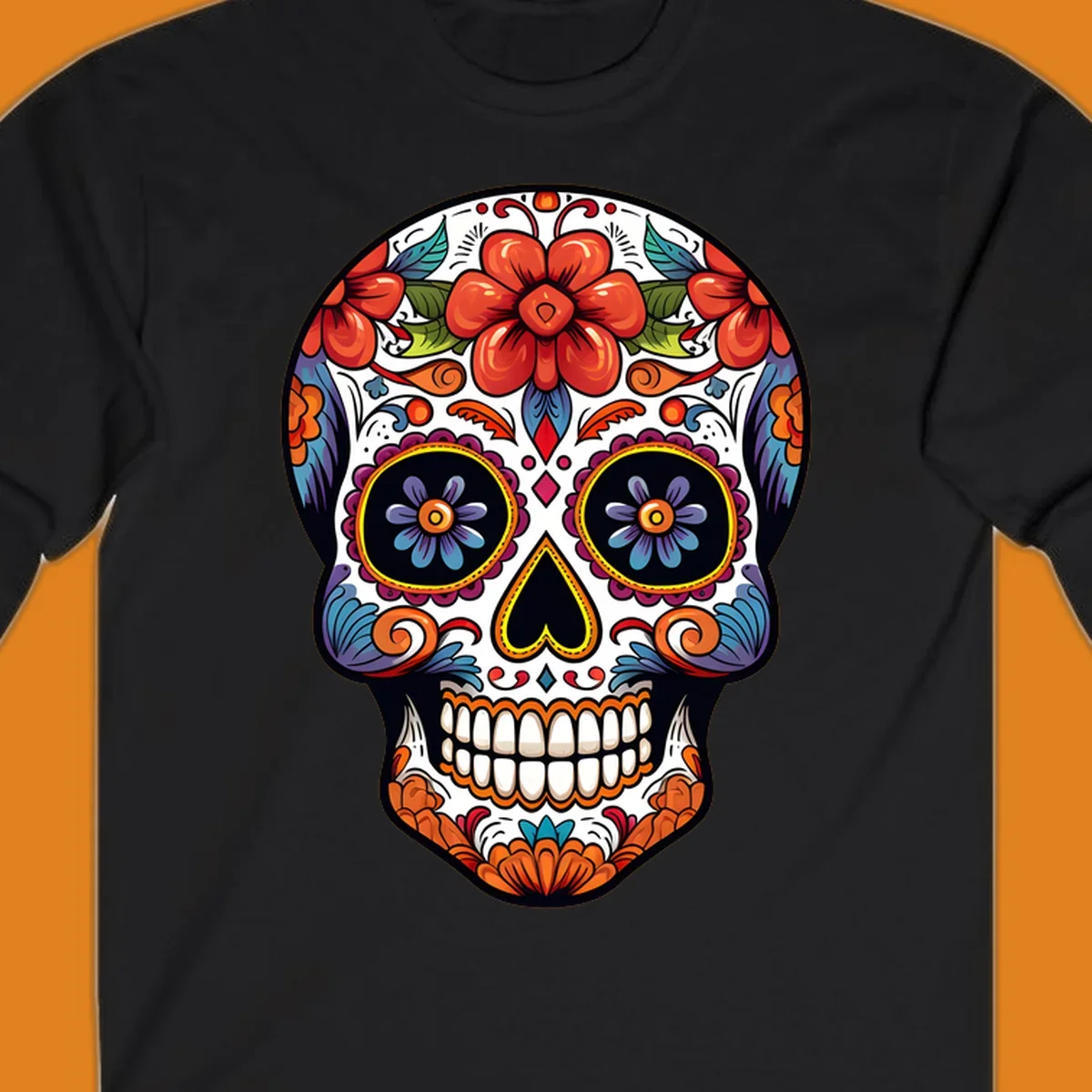 A vibrantly colored calavera sugar skull illustration with red and orange flowers, blue and purple eye sockets, and intricate floral patterns.
