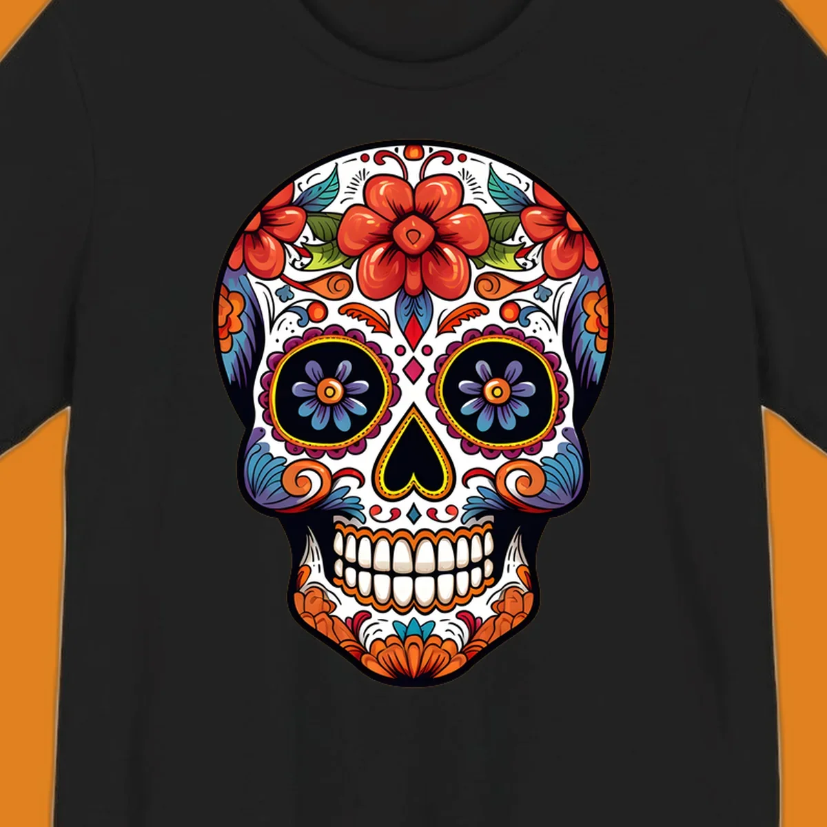 A vibrantly colored calavera sugar skull illustration with red and orange flowers, blue and purple eye sockets, and intricate floral patterns.