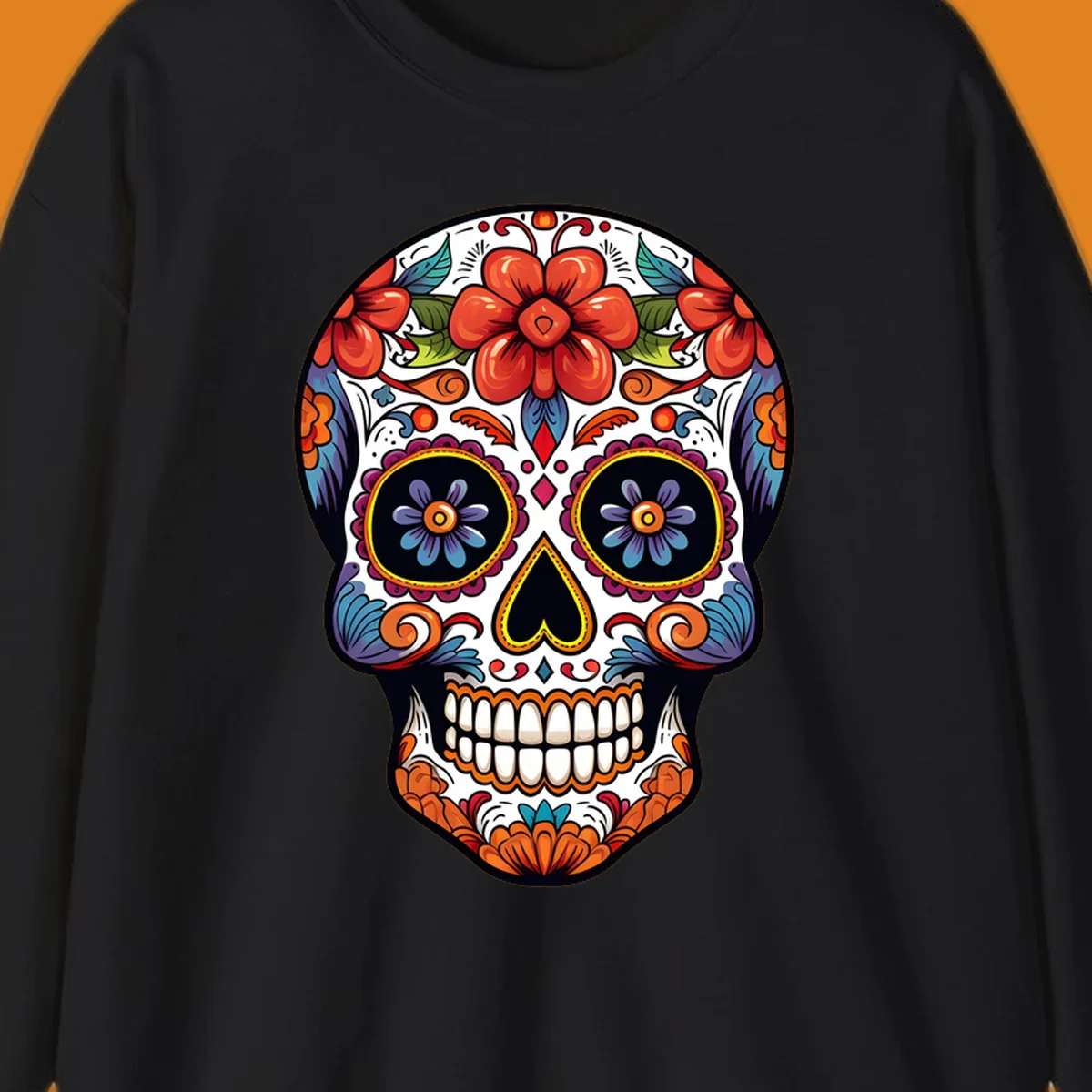 A vibrantly colored calavera sugar skull illustration with red and orange flowers, blue and purple eye sockets, and intricate floral patterns.