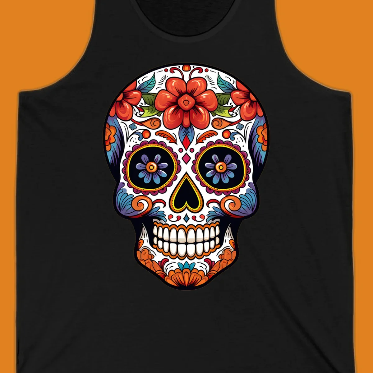 A vibrantly colored calavera sugar skull illustration with red and orange flowers, blue and purple eye sockets, and intricate floral patterns.