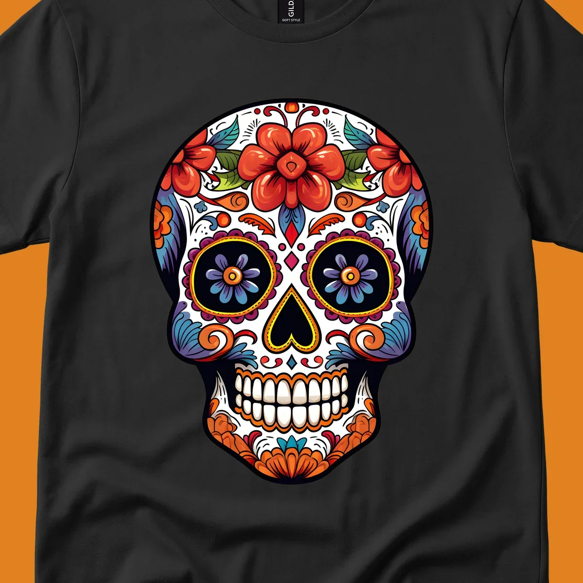 A vibrantly colored calavera sugar skull illustration with red and orange flowers, blue and purple eye sockets, and intricate floral patterns.