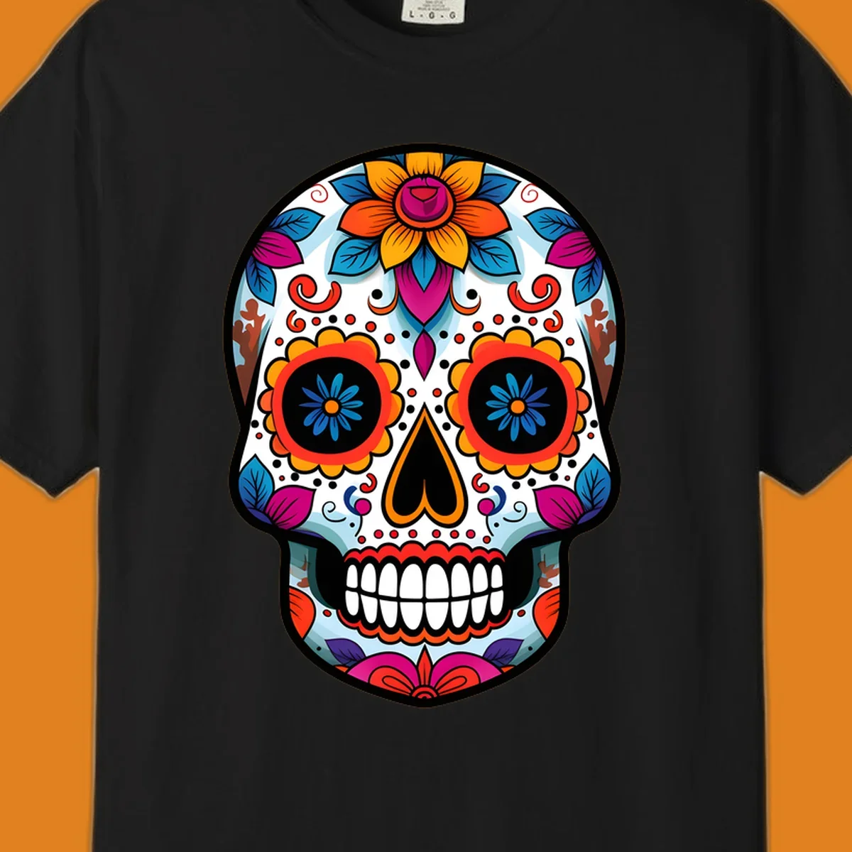 A detailed and colorful floral sugar skull illustration, featuring intricate patterns and vibrant flowers on a white background.