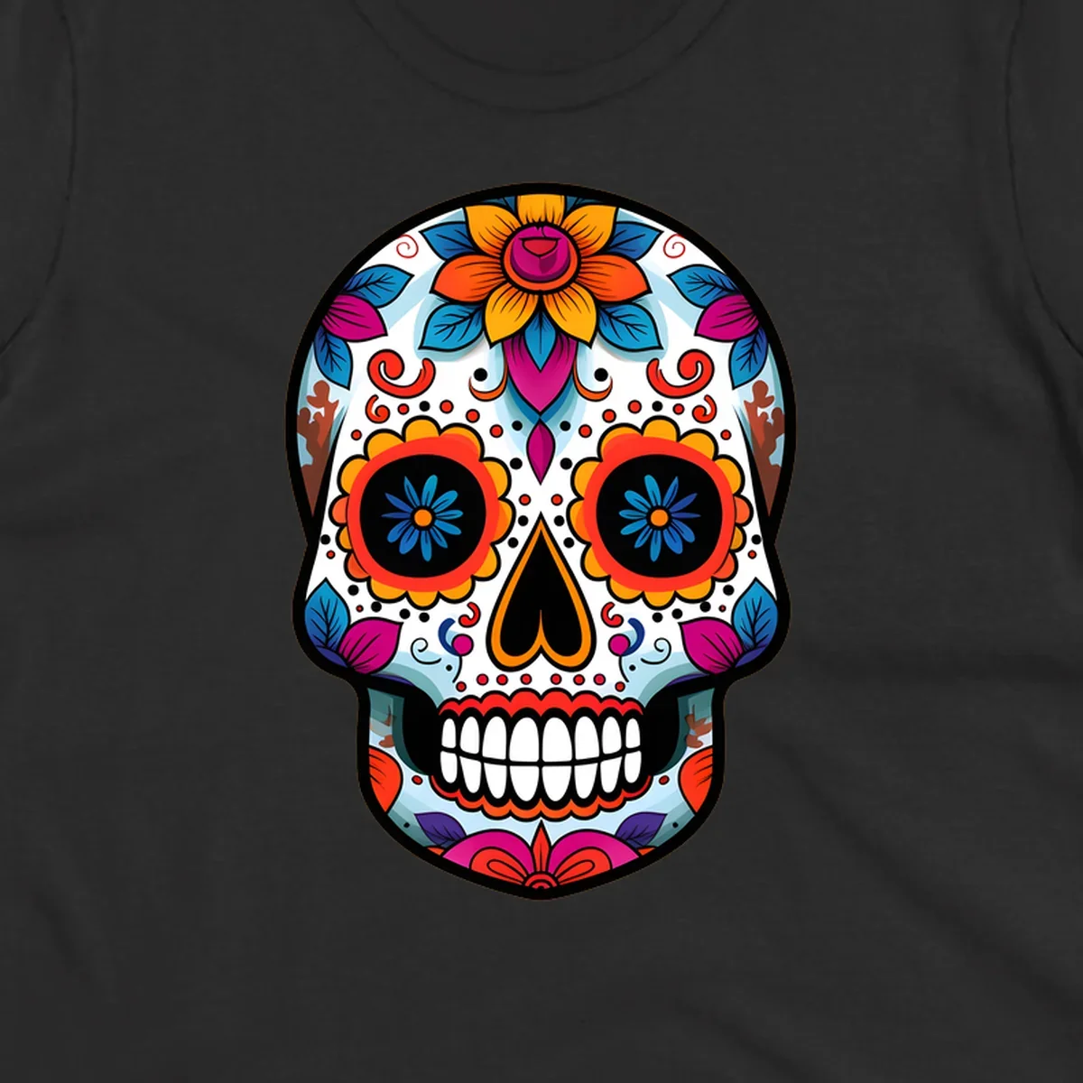 A detailed and colorful floral sugar skull illustration, featuring intricate patterns and vibrant flowers on a white background.