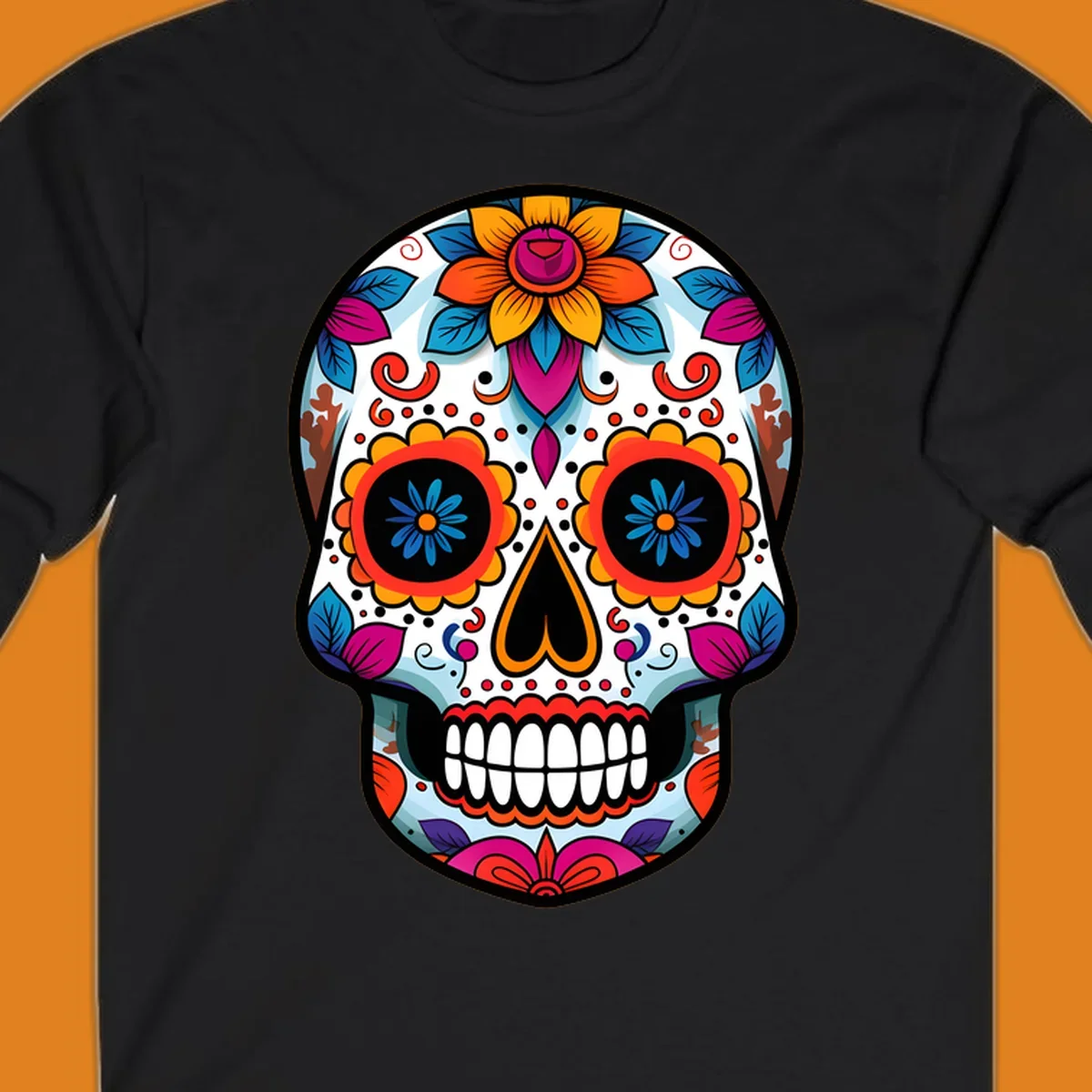 A detailed and colorful floral sugar skull illustration, featuring intricate patterns and vibrant flowers on a white background.