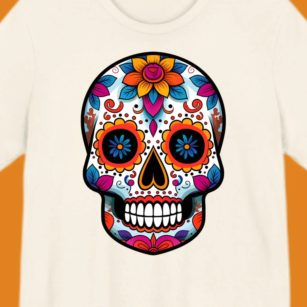 A detailed and colorful floral sugar skull illustration, featuring intricate patterns and vibrant flowers on a white background.