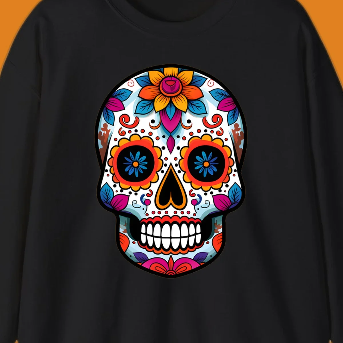 A detailed and colorful floral sugar skull illustration, featuring intricate patterns and vibrant flowers on a white background.