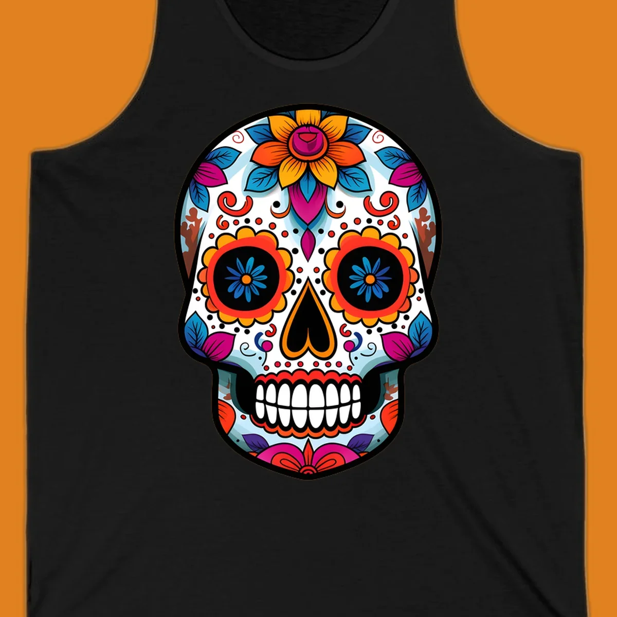 A detailed and colorful floral sugar skull illustration, featuring intricate patterns and vibrant flowers on a white background.