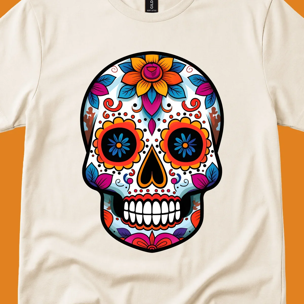 A detailed and colorful floral sugar skull illustration, featuring intricate patterns and vibrant flowers on a white background.