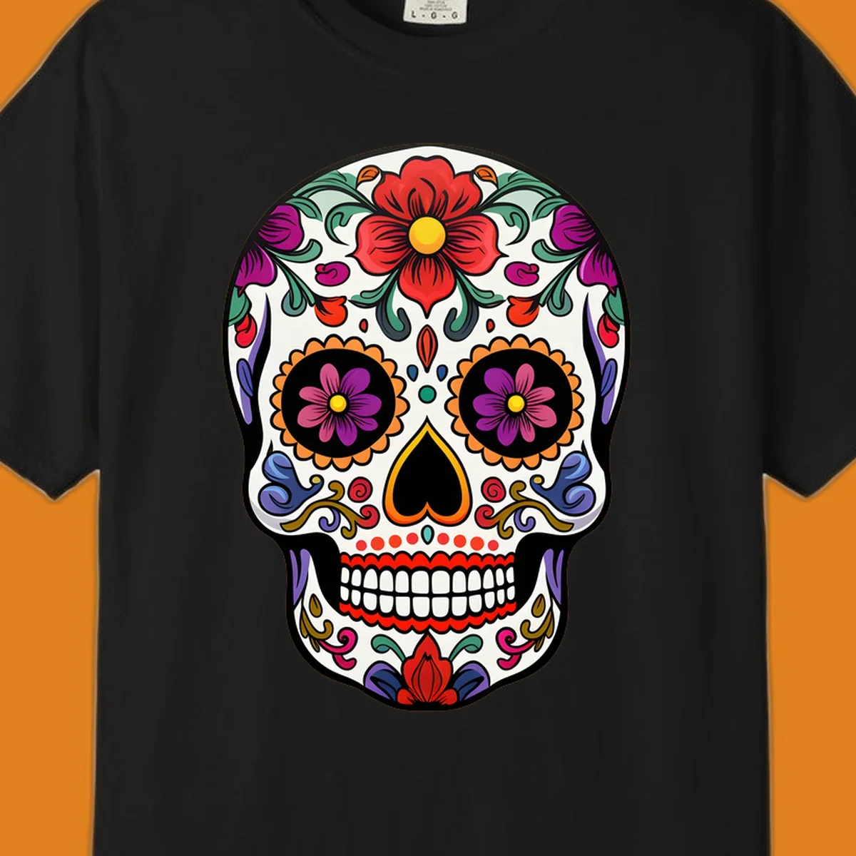 A vibrant floral calavera sugar skull illustration with red and purple flowers, intricate swirls, and colorful patterns on a white skull.