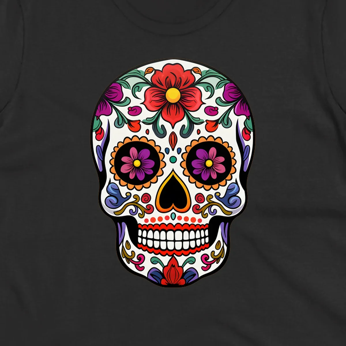 A vibrant floral calavera sugar skull illustration with red and purple flowers, intricate swirls, and colorful patterns on a white skull.