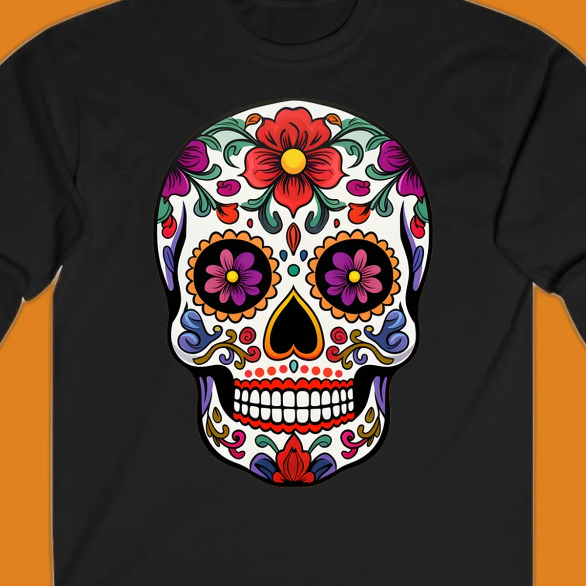 A vibrant floral calavera sugar skull illustration with red and purple flowers, intricate swirls, and colorful patterns on a white skull.
