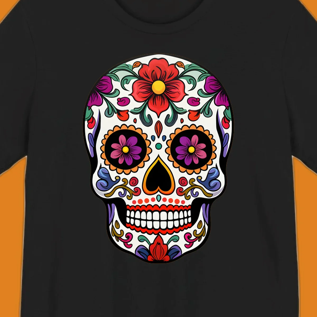 A vibrant floral calavera sugar skull illustration with red and purple flowers, intricate swirls, and colorful patterns on a white skull.