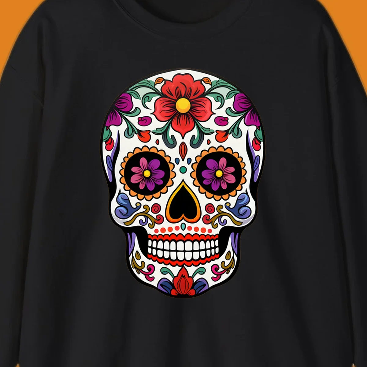 A vibrant floral calavera sugar skull illustration with red and purple flowers, intricate swirls, and colorful patterns on a white skull.