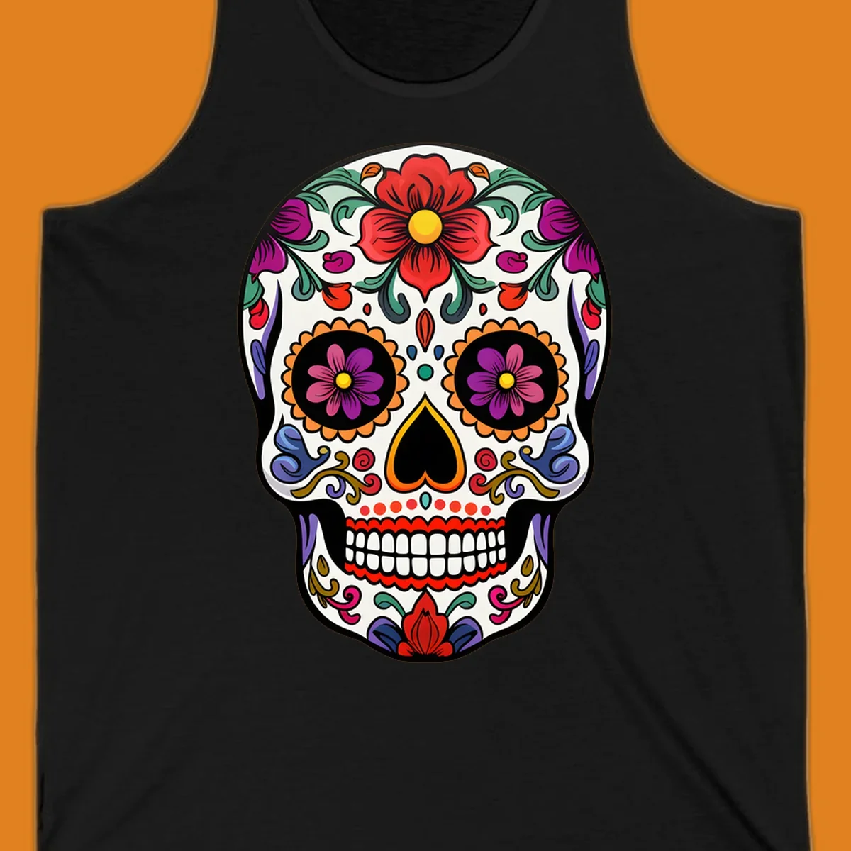 A vibrant floral calavera sugar skull illustration with red and purple flowers, intricate swirls, and colorful patterns on a white skull.