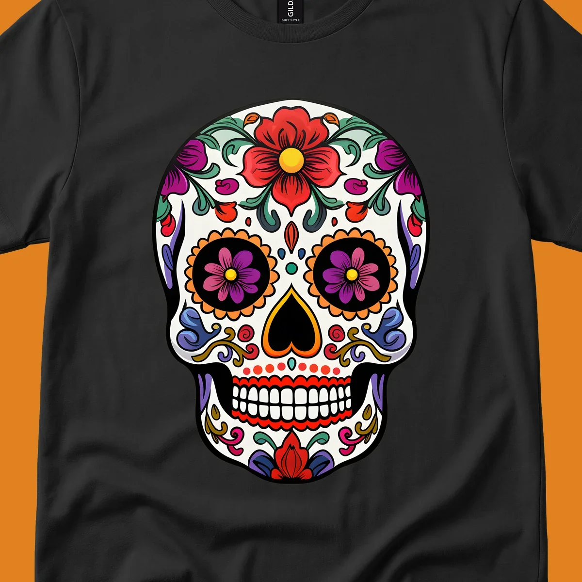 A vibrant floral calavera sugar skull illustration with red and purple flowers, intricate swirls, and colorful patterns on a white skull.