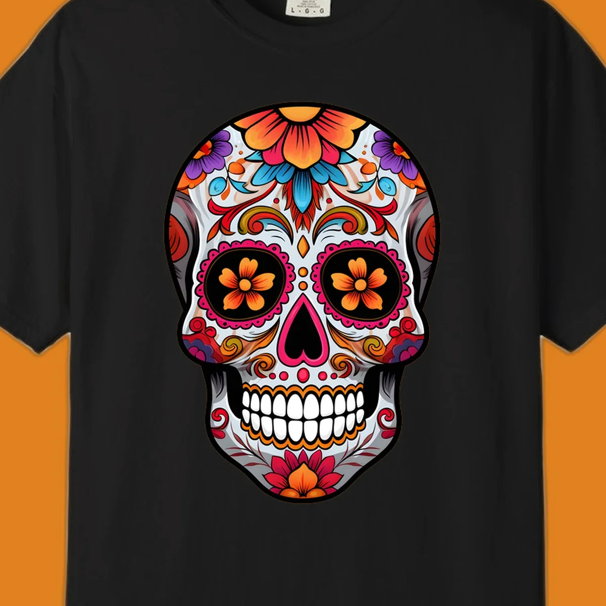 A vibrant floral sugar skull illustration featuring intricate patterns, colorful flowers, and a heart-shaped nose.
