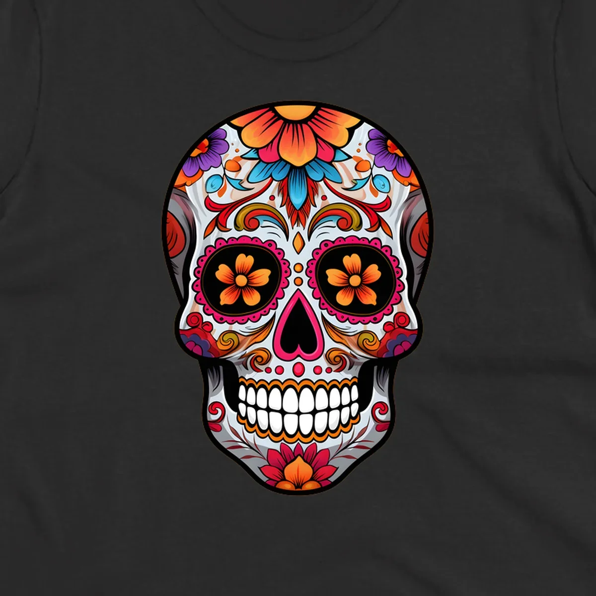 A vibrant floral sugar skull illustration featuring intricate patterns, colorful flowers, and a heart-shaped nose.