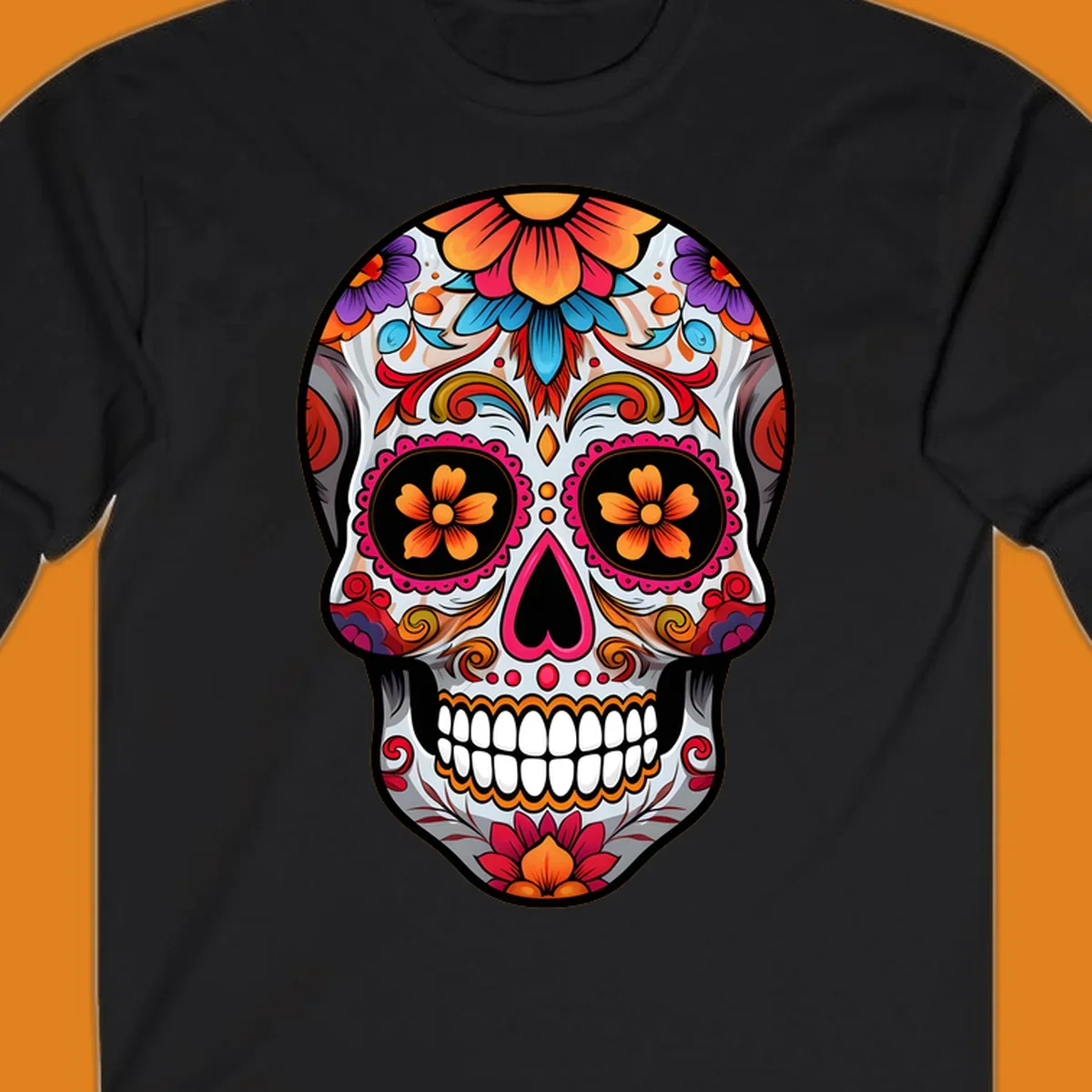 A vibrant floral sugar skull illustration featuring intricate patterns, colorful flowers, and a heart-shaped nose.