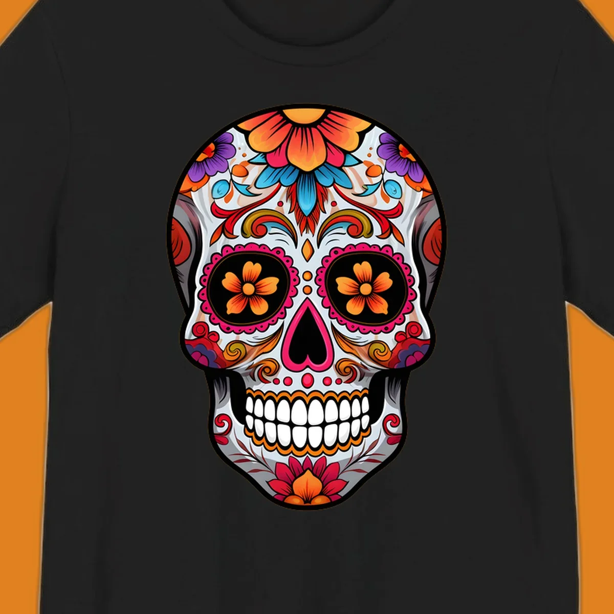 A vibrant floral sugar skull illustration featuring intricate patterns, colorful flowers, and a heart-shaped nose.