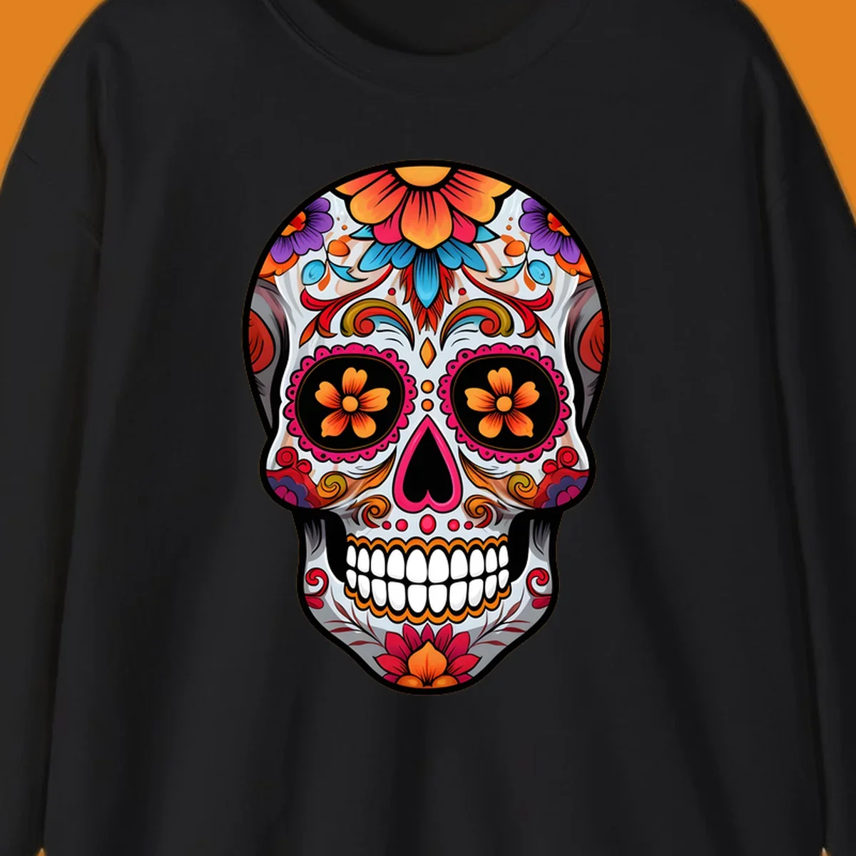 A vibrant floral sugar skull illustration featuring intricate patterns, colorful flowers, and a heart-shaped nose.