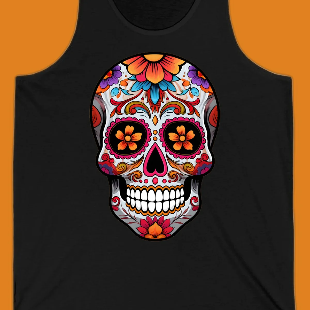 A vibrant floral sugar skull illustration featuring intricate patterns, colorful flowers, and a heart-shaped nose.