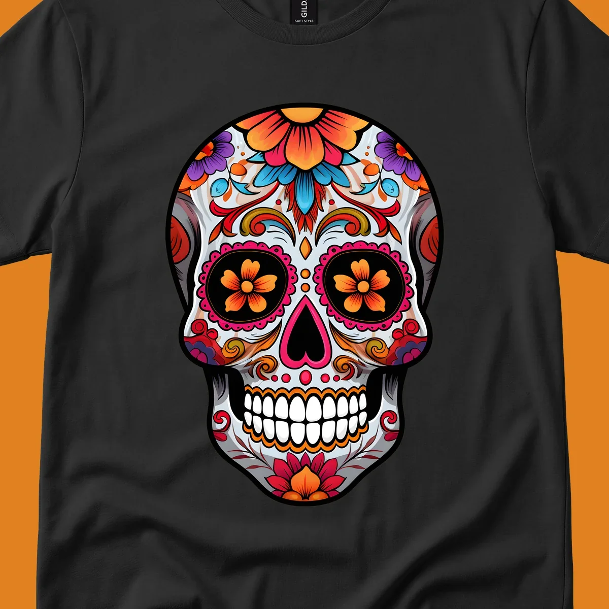 A vibrant floral sugar skull illustration featuring intricate patterns, colorful flowers, and a heart-shaped nose.