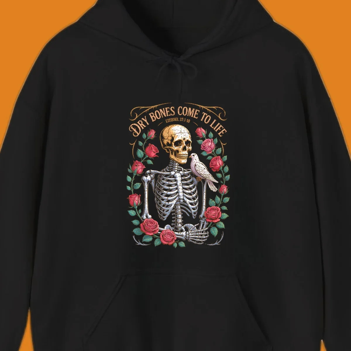Skeleton with roses and dove, text 'Dry Bones Come To Life', dry bones resurrection concept.
