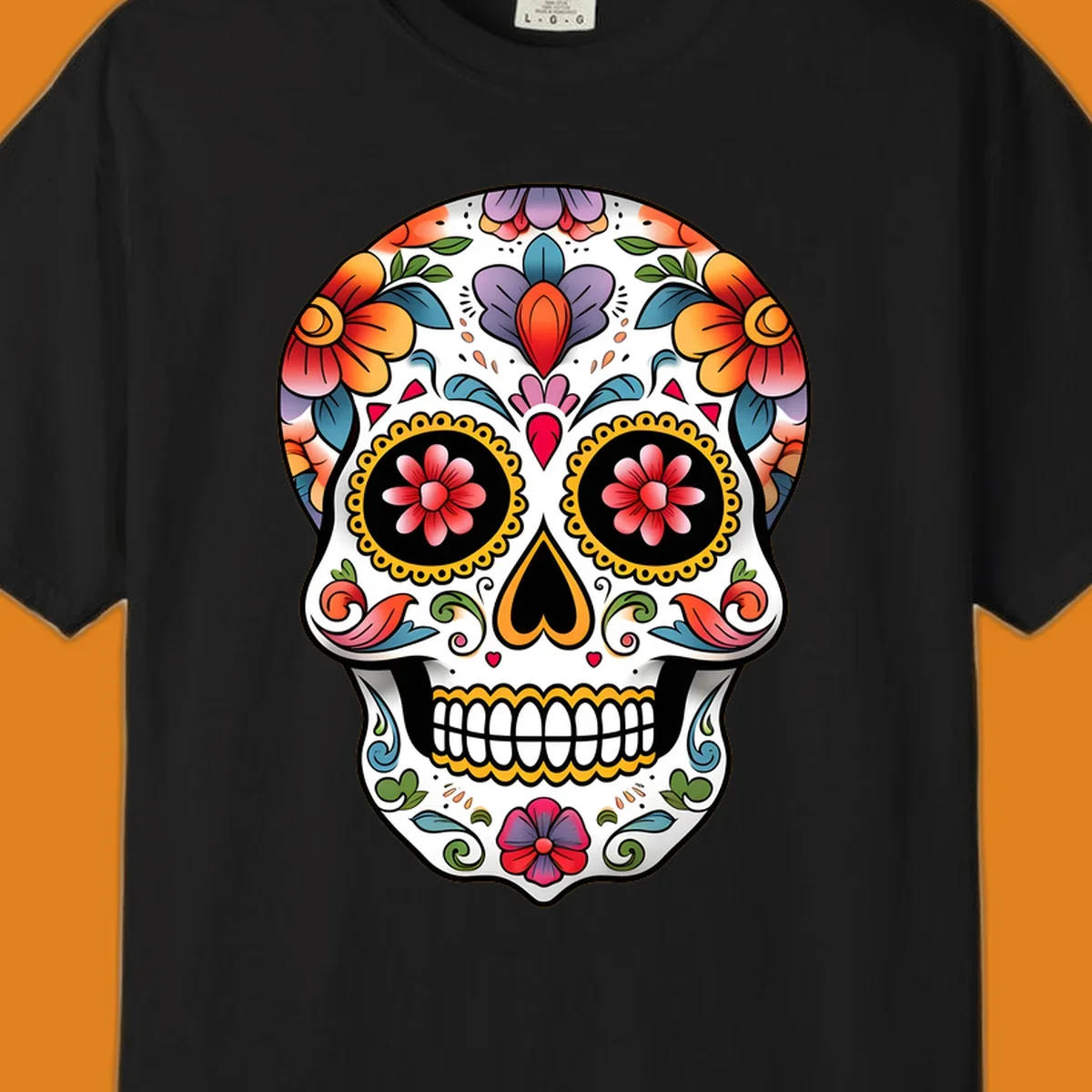 A vibrant floral calavera sugar skull illustration with orange, red, purple, and blue flowers, yellow accents, and hearts.
