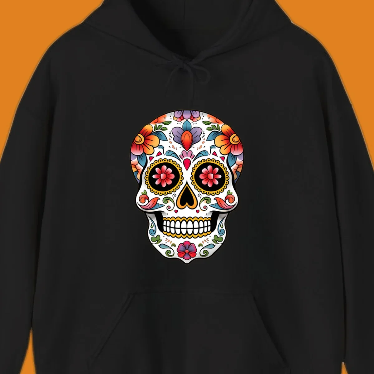 A vibrant floral calavera sugar skull illustration with orange, red, purple, and blue flowers, yellow accents, and hearts.