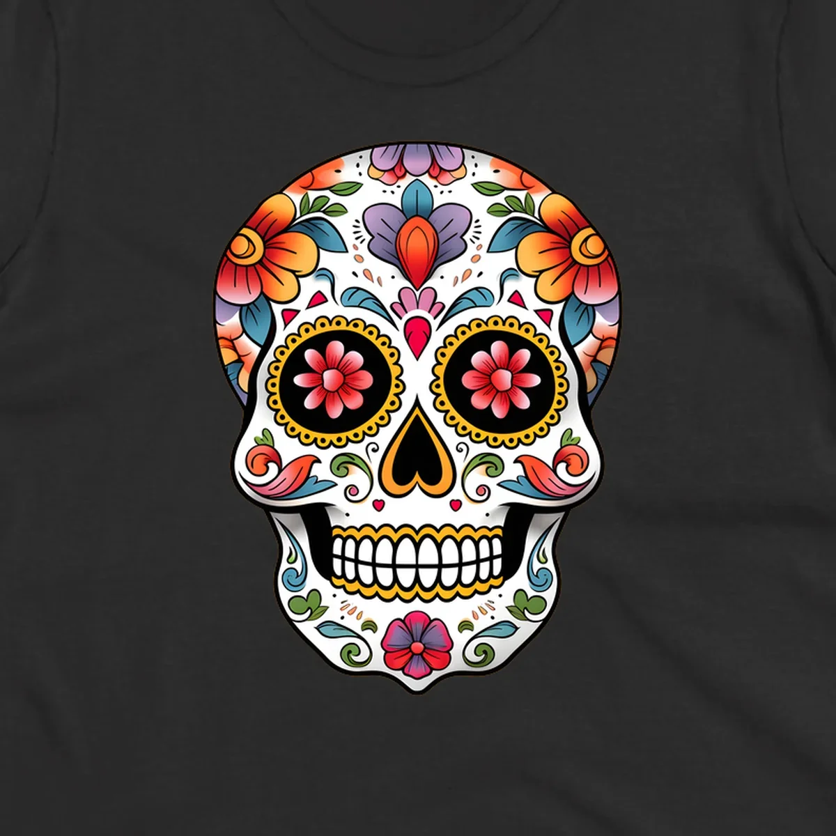 A vibrant floral calavera sugar skull illustration with orange, red, purple, and blue flowers, yellow accents, and hearts.