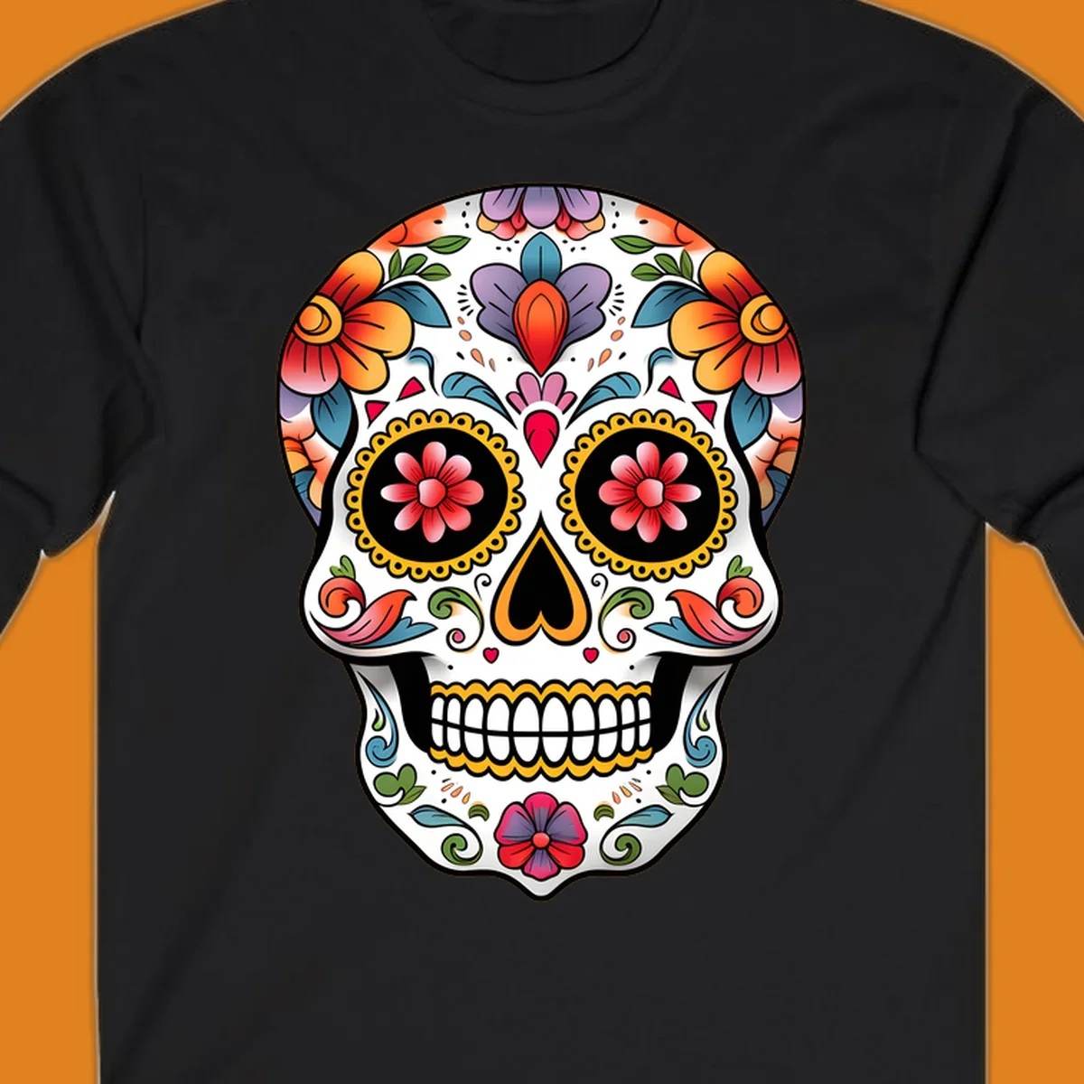 A vibrant floral calavera sugar skull illustration with orange, red, purple, and blue flowers, yellow accents, and hearts.