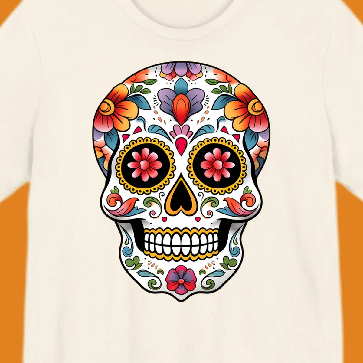 A vibrant floral calavera sugar skull illustration with orange, red, purple, and blue flowers, yellow accents, and hearts.