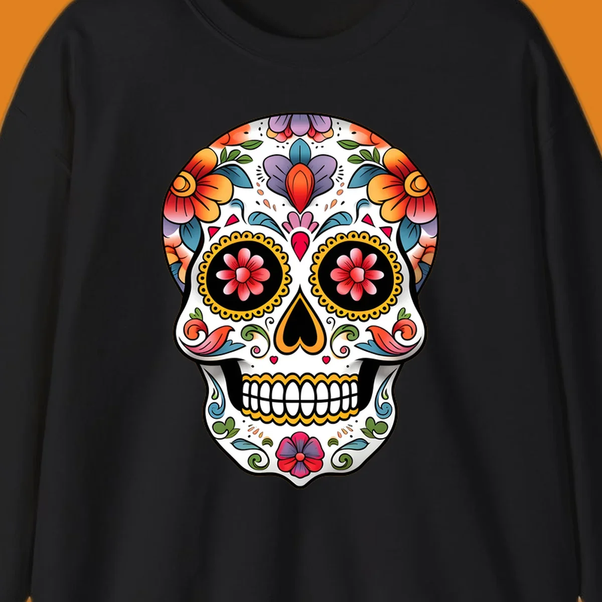 A vibrant floral calavera sugar skull illustration with orange, red, purple, and blue flowers, yellow accents, and hearts.