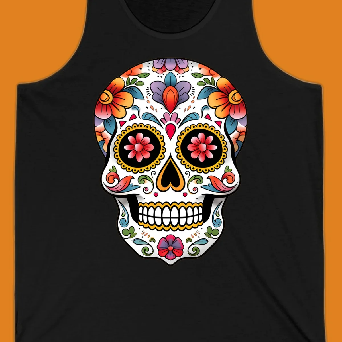 A vibrant floral calavera sugar skull illustration with orange, red, purple, and blue flowers, yellow accents, and hearts.
