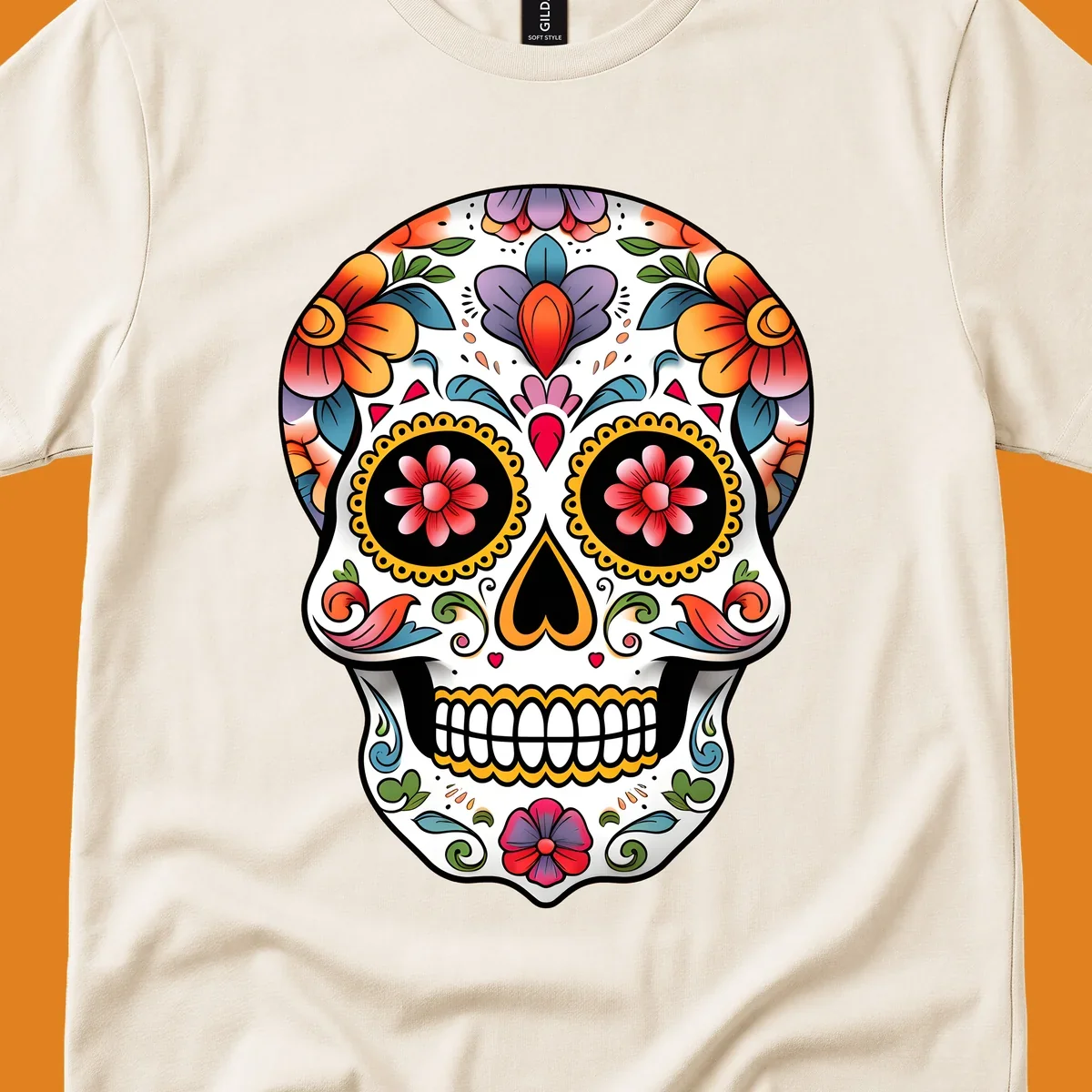 A vibrant floral calavera sugar skull illustration with orange, red, purple, and blue flowers, yellow accents, and hearts.
